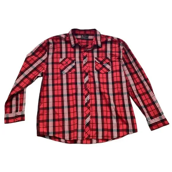 9K Clothing Men's L Red Plaid Long Sleeve Button-Up Shirt Casual - Picture 6 of 6